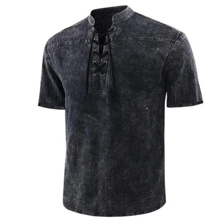 Retro Shirt Men Tie Collar Short-sleeved Shirt Summer