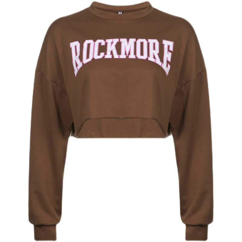 Harajuku Letter Printed Brown Cropped Sweatshirt Women Tops - Minihomy