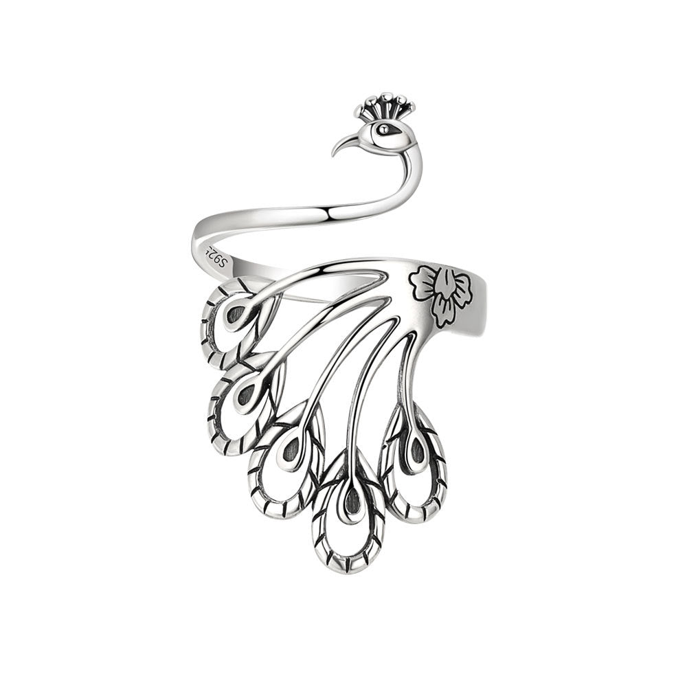 Creative Retro Peacock Sterling Silver Wide Face Ring - Minihomy