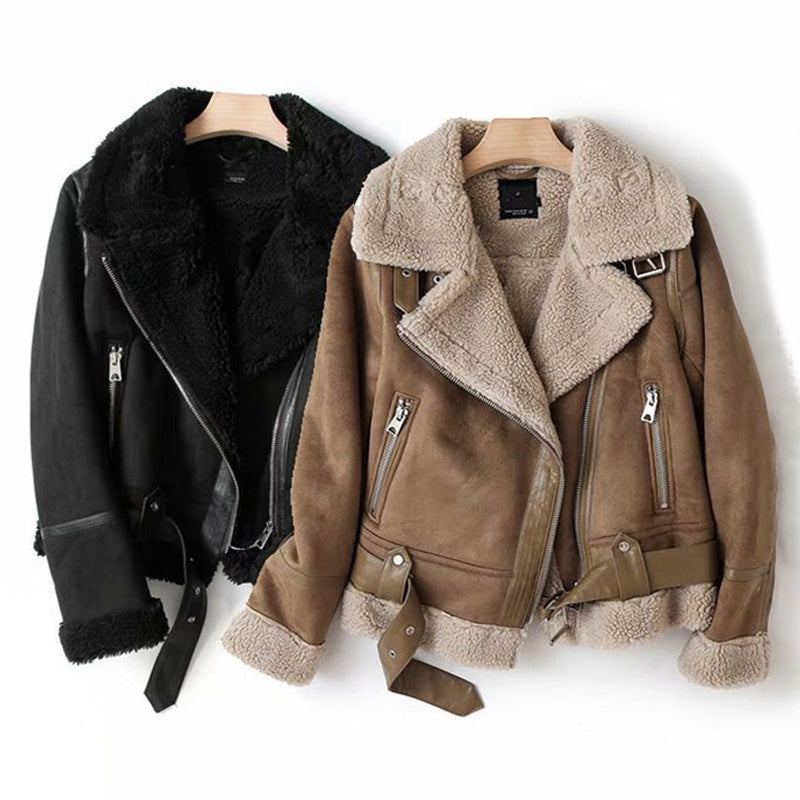 Women's Warm Suede Lamb Wool Winter Motorcycle Jacket