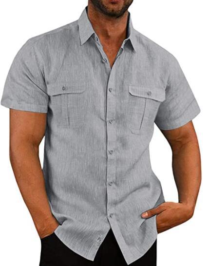 Men's Button Short Sleeve Shirt Summer Casual Double Pocket Wide Collar Beach Shirt Summer - Minihomy