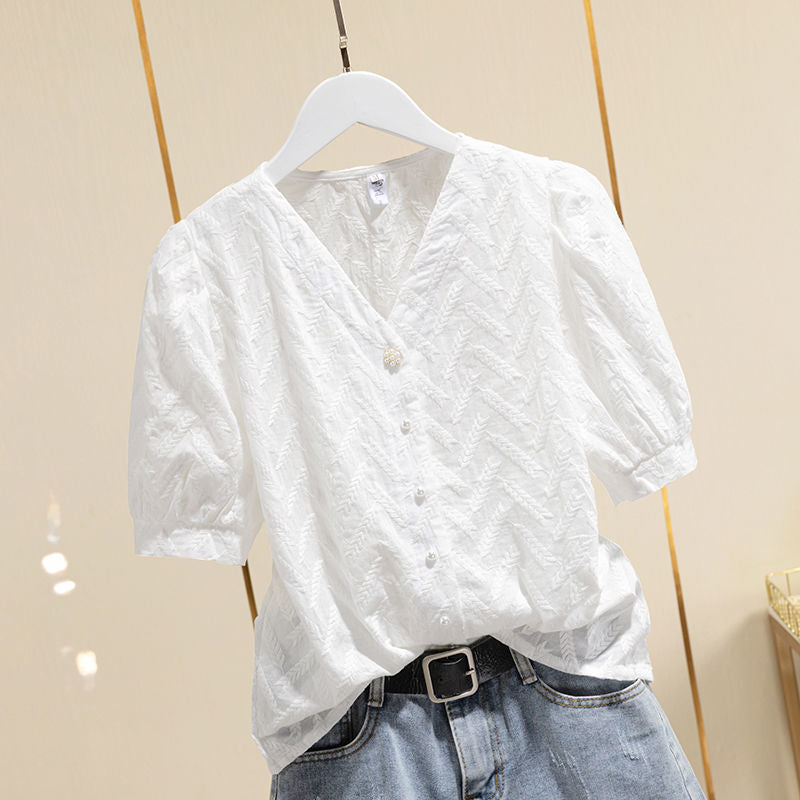 Cotton Embroidered Puff Sleeve Shirt Tops Women White Ladies Shirts - Minihomy