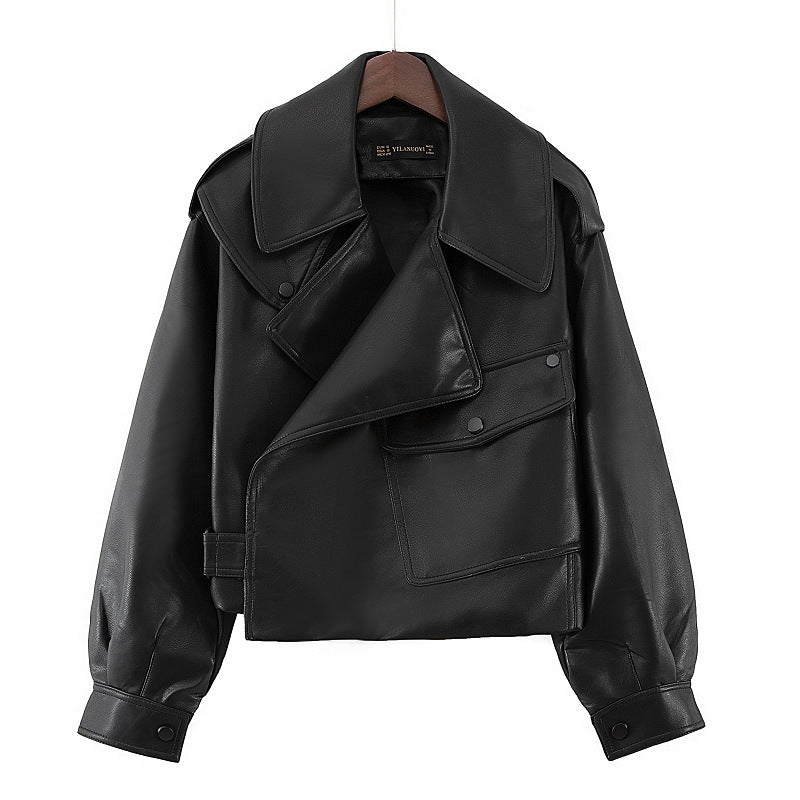 Cropped Leather Motorcycle Jacket - Loose Fit