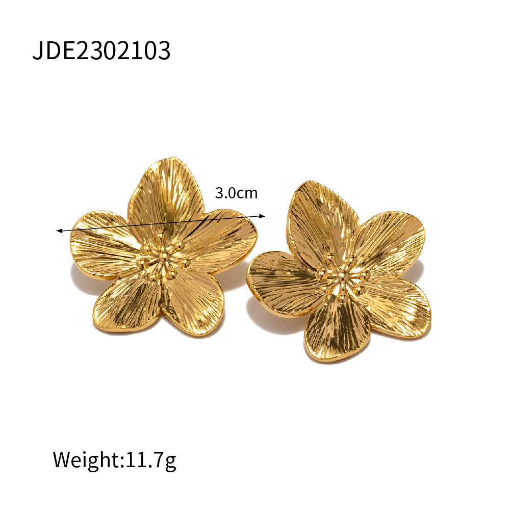 French Royal Style Dull Vintage Gold Stainless Steel Flower Metal Stud Earrings - Minihomy