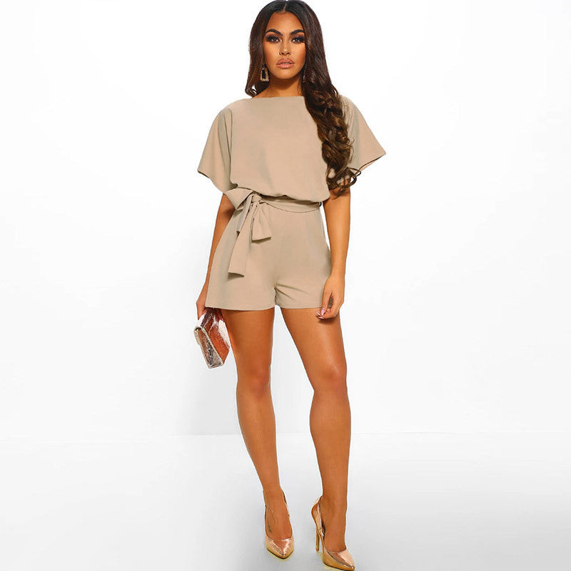 Solid Round Neck Short Sleeves with Belt Tight Waist Dress-up Loose Lady Romper