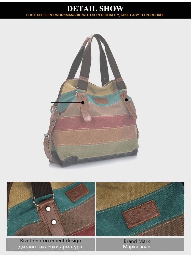 KVKY Brand Fashion Canvas Bag Brand Women Handbag Classic Patchwork Casual Female Shoulder Bags Striped Rainbow Purse Pouch - Minihomy