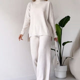 Women's Knitted Turtleneck Suit Set - Loose Split Long Sleeve Top & Trousers