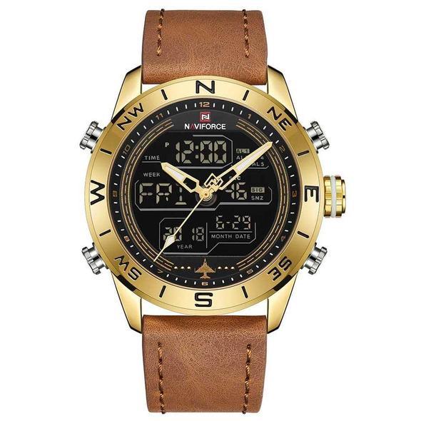 NAVIFORCE 9144 Men's Gold Sport Watch - Analog Digital Military Leather Quartz - Minihomy