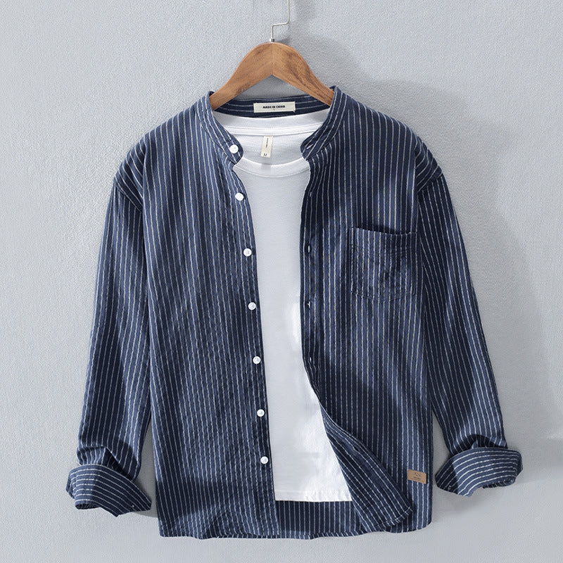 Men's Casual Striped Stand Collar Shirt - Minihomy