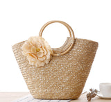 Natural straw handbag wood Rattan handle woven bag - Minihomy