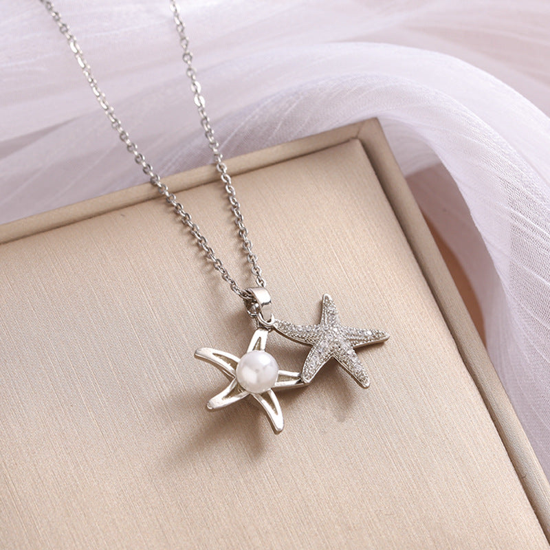 Full Rhinestone Zircon Sea Summer Star Pearl Pendant Titanium Steel Clavicle Chain - Minihomy