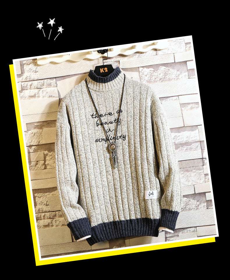 Long sleeve thick half high neck letter pullover sweater for men - Minihomy