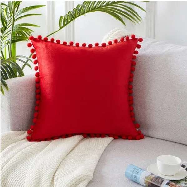 Ball lace pillow velvet solid color sofa short plush ball cushion cover - Minihomy