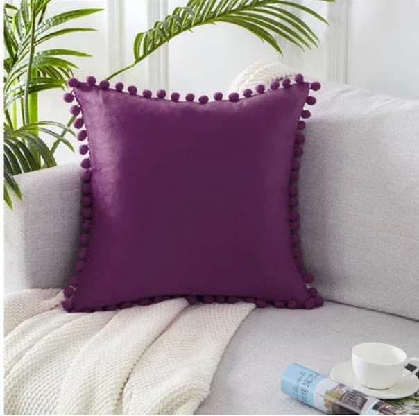 Ball lace pillow velvet solid color sofa short plush ball cushion cover - Minihomy