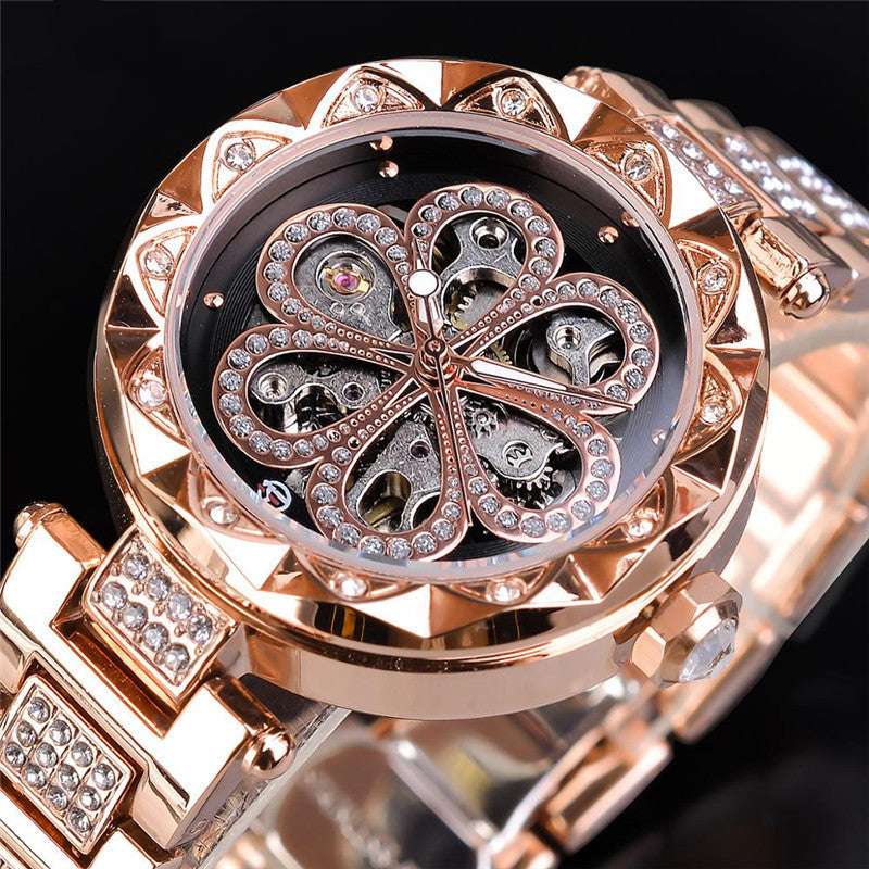 Forsining Mechanical Automatic Ladies Watches Top Brand Luxury Rhinestone Female Wrist Watches Rose Gold Stainless Steel Clock - Minihomy