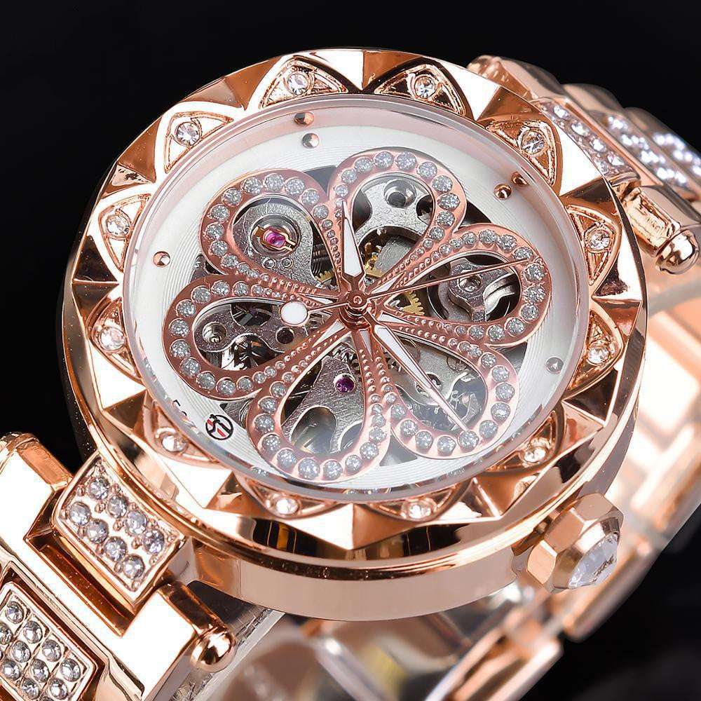 Forsining Mechanical Automatic Ladies Watches Top Brand Luxury Rhinestone Female Wrist Watches Rose Gold Stainless Steel Clock - Minihomy