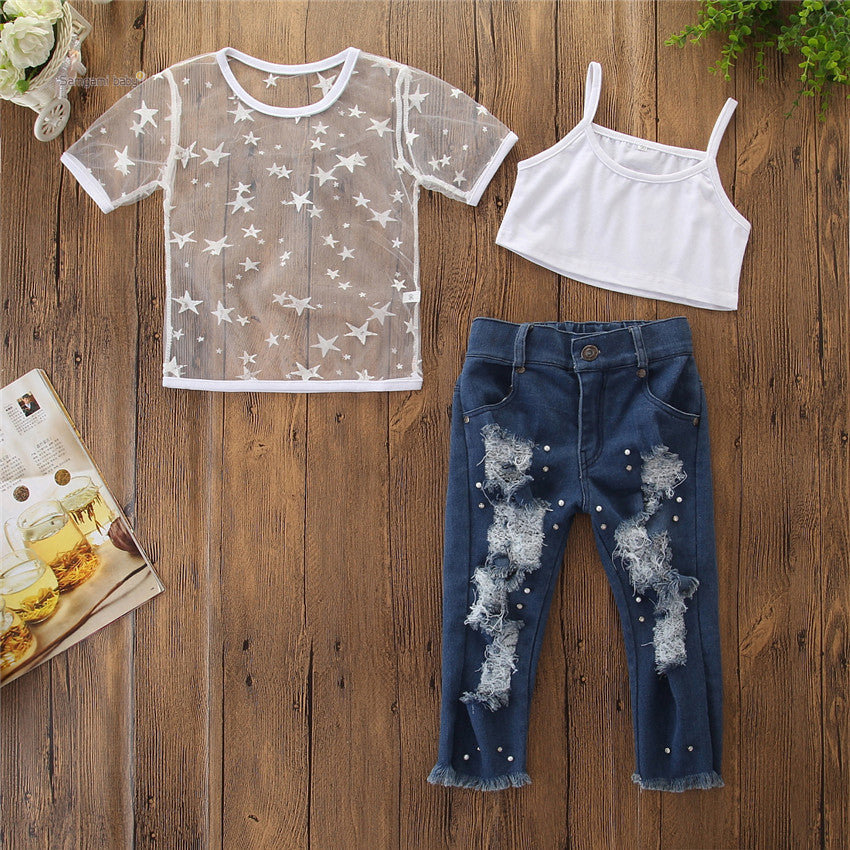 Toddler Kids Girls Short Sleeve Star T-shirt Tops Denim pants