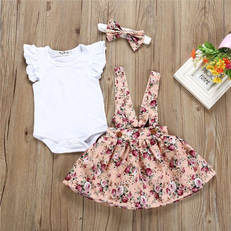 Girls' Cotton White Flying Sleeve Short-Sleeved Romper with Flower Suspenders Skirt and Head Knot - Minihomy