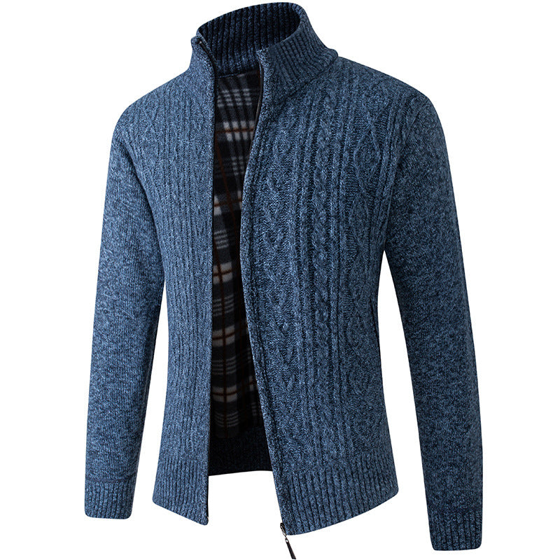 Autumn And Winter Middle-aged Men Plus Velvet Thick Knit Sweater Cardigan - Minihomy