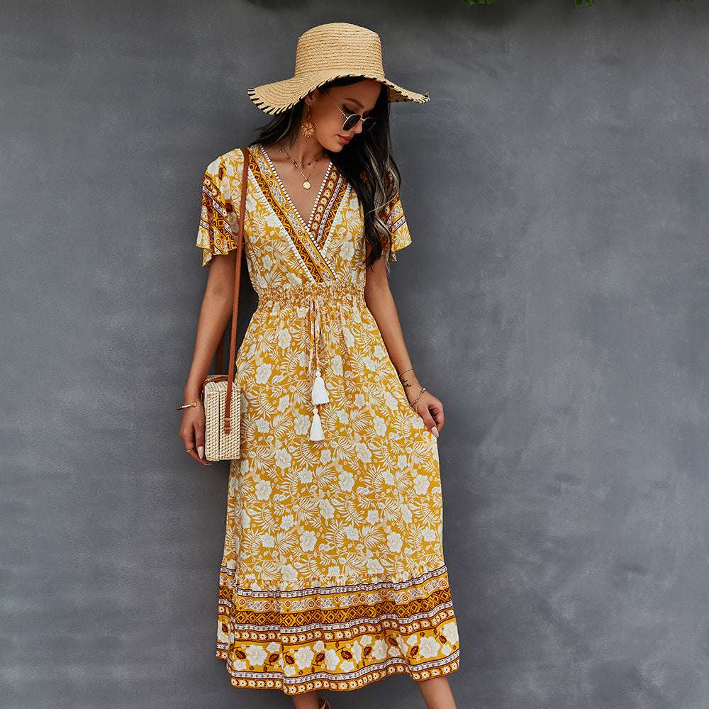 Bohemian Dress Summer Women Clothing Loose V-Neck Casual Beach Sundresses - Minihomy