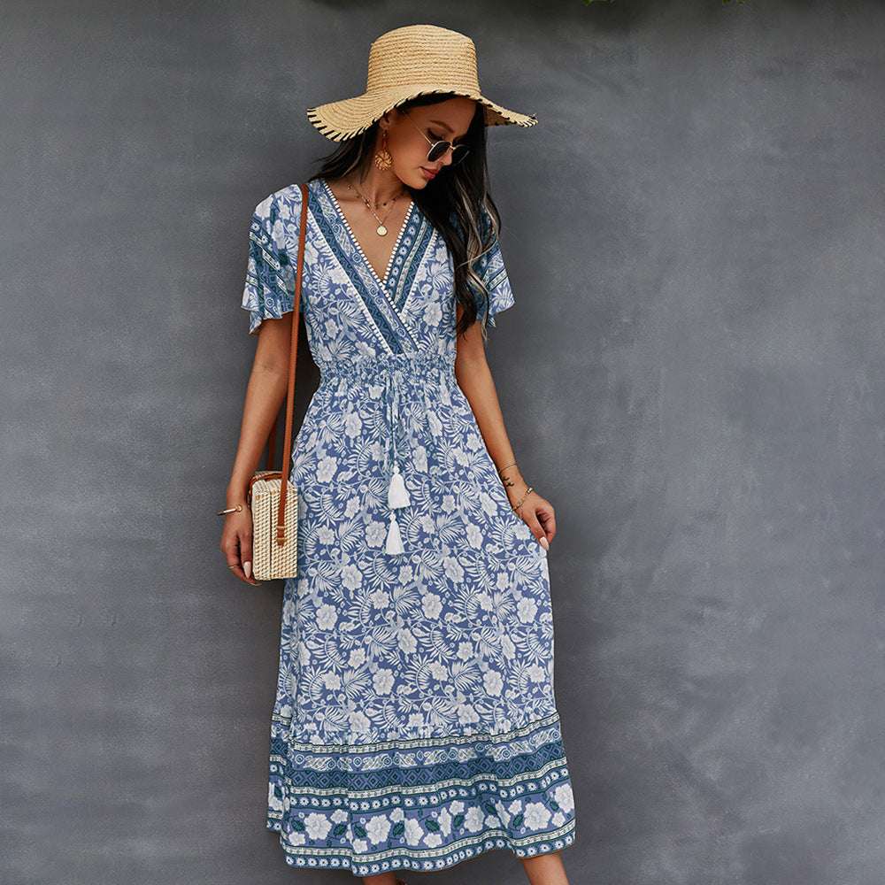 Bohemian Dress Summer Women Clothing Loose V-Neck Casual Beach Sundresses - Minihomy