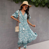 Bohemian Dress Summer Women Clothing Loose V-Neck Casual Beach Sundresses - Minihomy