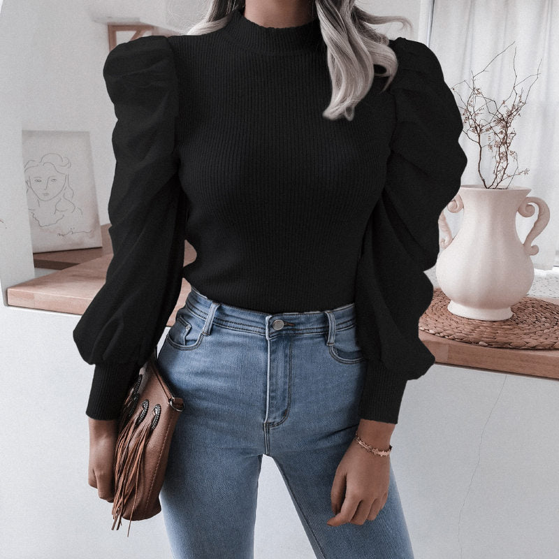 Blouse Women Puff Sleeve Knit Tops Streetwear T Shirt - Minihomy