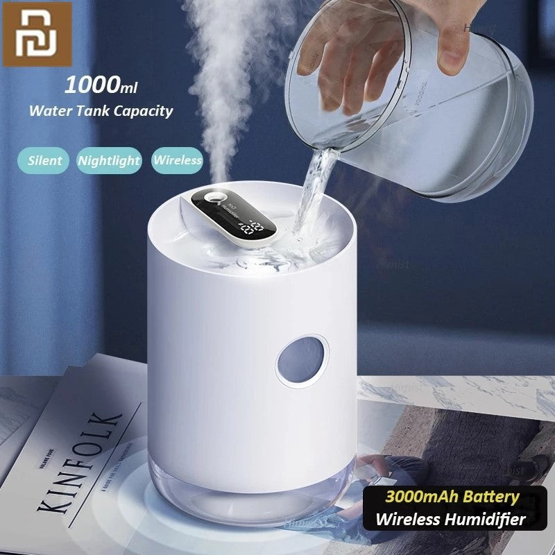 1L Portable Wireless USB Air Humidifier with LED Night Light and Battery Life Display - Minihomy