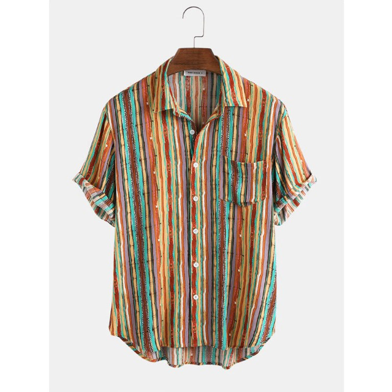 Men Stripe Short Sleeve Beach Shirt - Minihomy