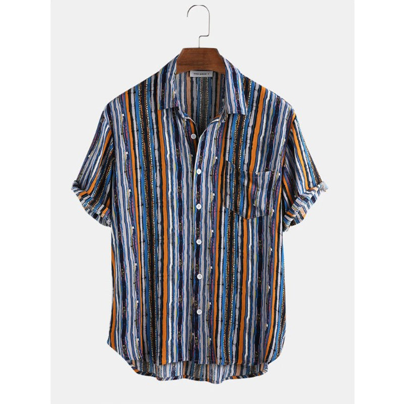 Men Stripe Short Sleeve Beach Shirt - Minihomy