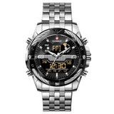 Men'S Watch Dual Movement Backlight Alarm Clock Waterproof Steel Band Watch Alloy Electronic Watch - Minihomy