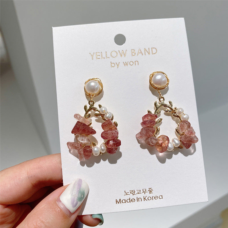 Pearl Earrings Temperament Super Fairy Crystal Net Red Earrings Design Leaf Earrings - Minihomy