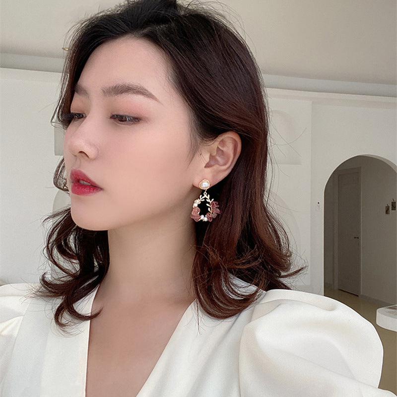 Pearl Earrings Temperament Super Fairy Crystal Net Red Earrings Design Leaf Earrings - Minihomy