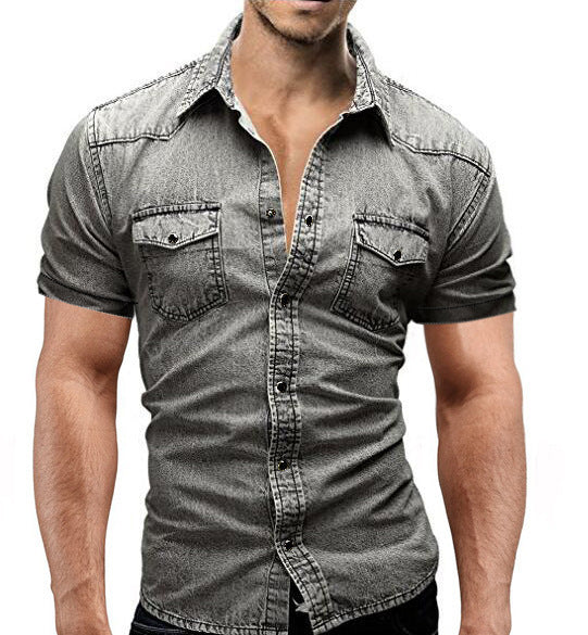 Men Denim Short-sleeved Slim Shirt - Minihomy