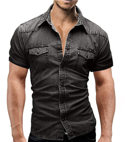 Men Denim Short-sleeved Slim Shirt - Minihomy