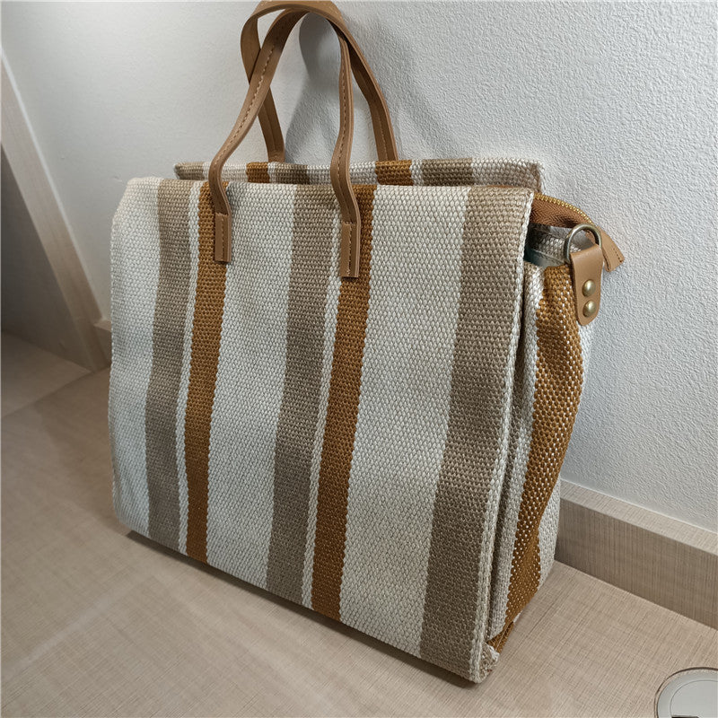 One-shoulder Striped Portable Canvas Bag Student Fashion Portable Lady Messenger Bag - Minihomy