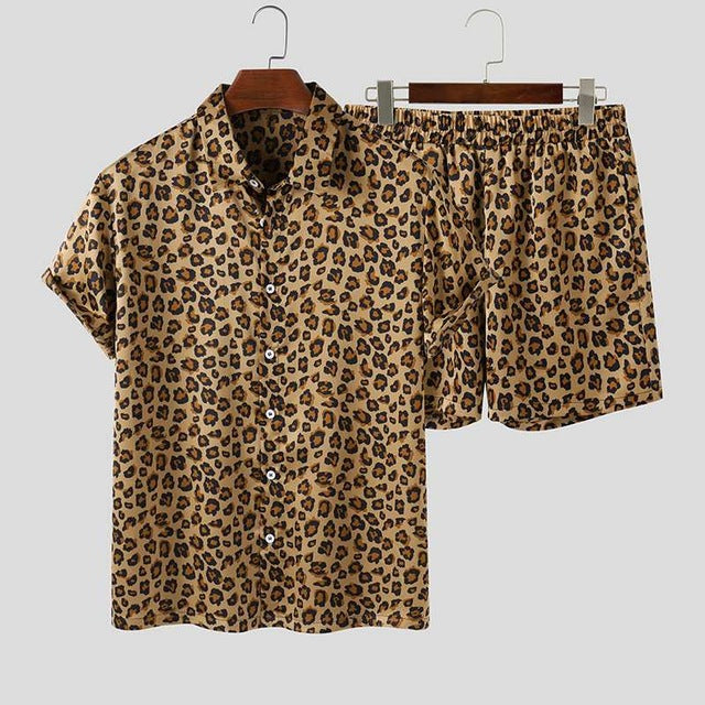 Summer Wear Men Sets Leopard Printed Lapel Short Sleeve