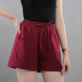 Washed Cotton Solid Color Shorts Women's Wear Loose Tight Waist Casual