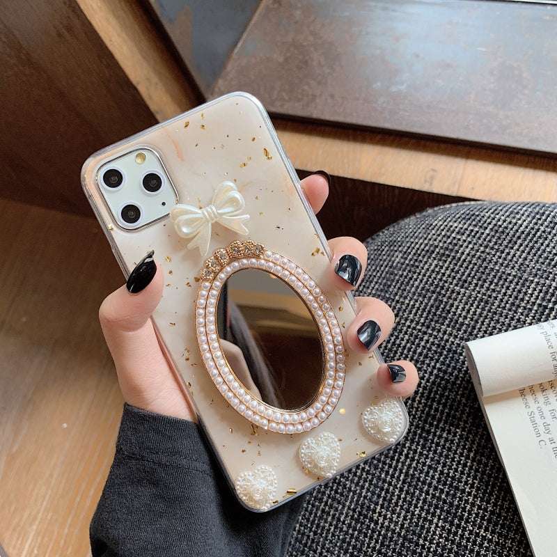 Marble Bowknot Rhinestone Mirror Phone Case - Minihomy