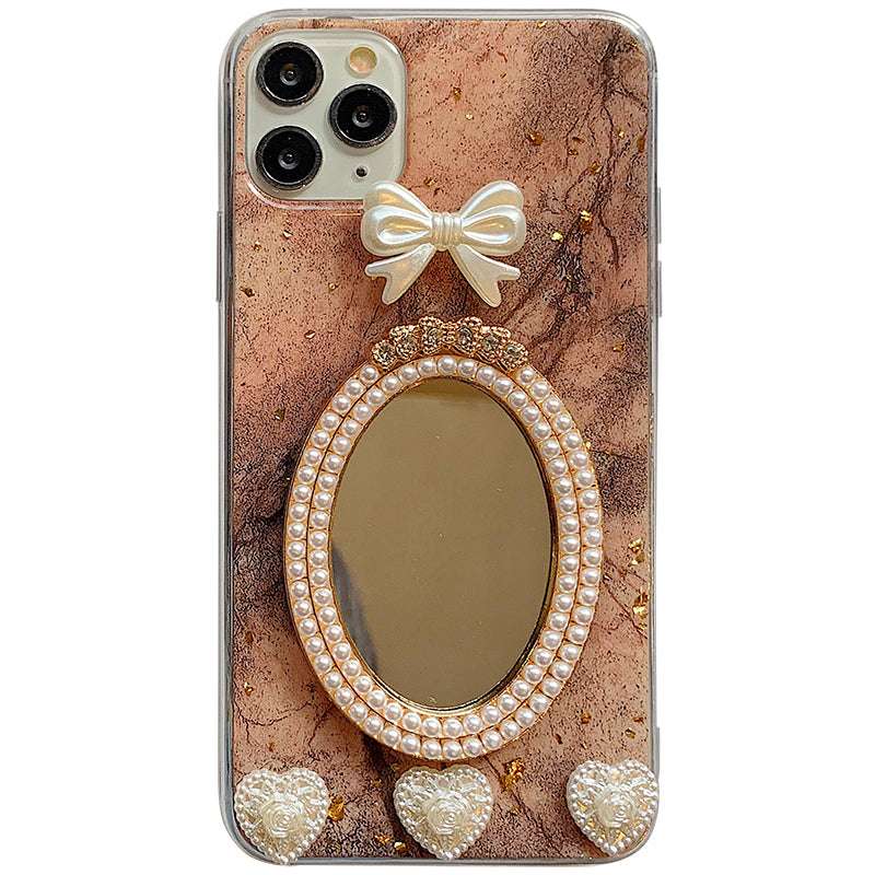 Marble Bowknot Rhinestone Mirror Phone Case - Minihomy