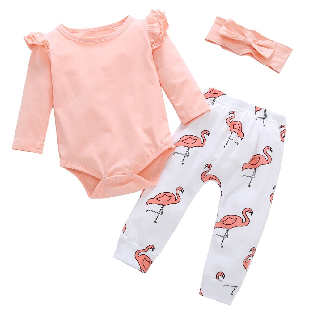 Cute Baby Girl Clothes Flamingo Print Pants Leggings Headband set - Minihomy