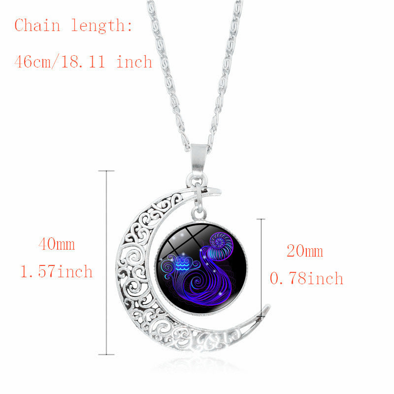 12 constellation time gemstone half moon pendant necklace - Minihomy