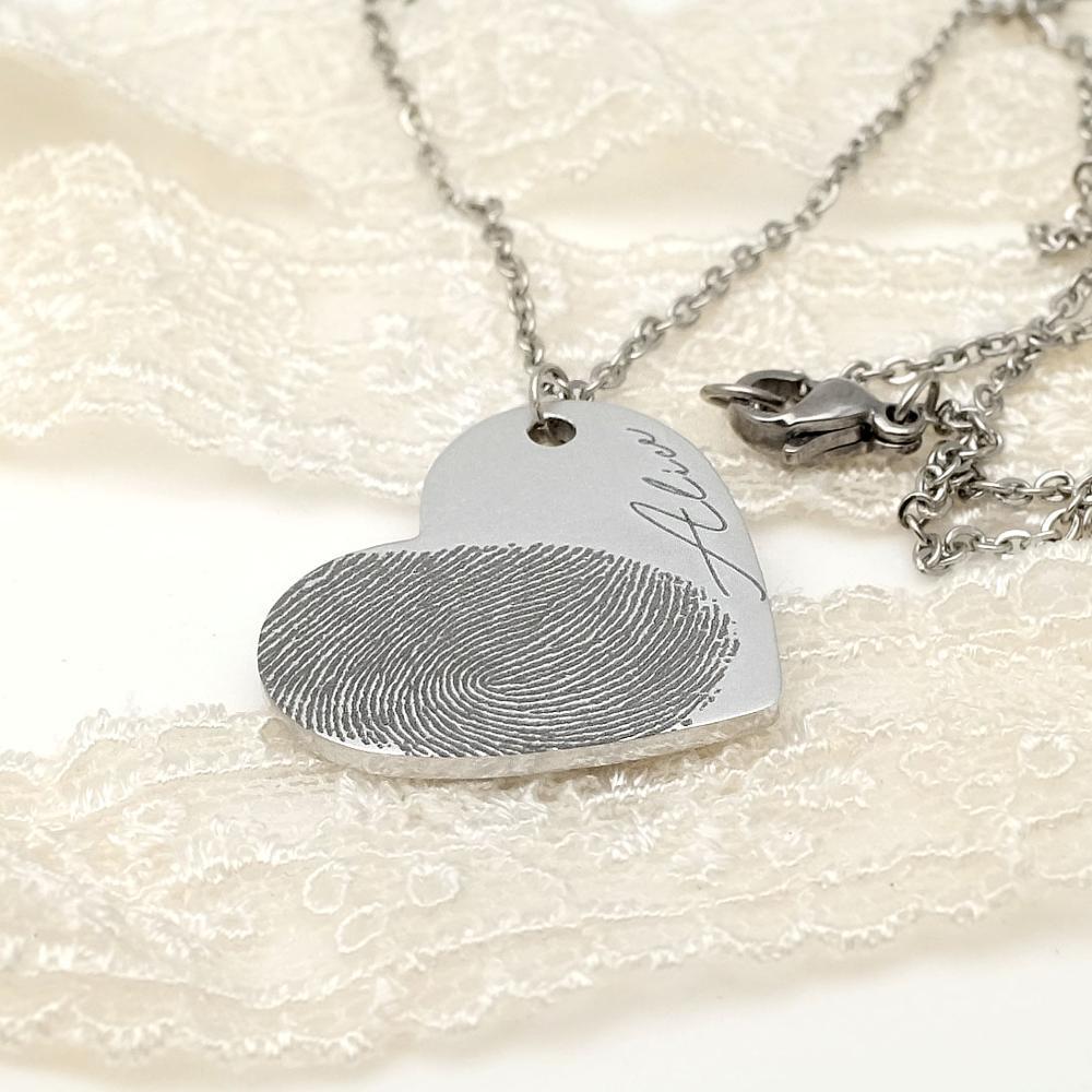 Personalized Fingerprint Necklace Custom Heart Necklace Name Necklace Memorial Gift Christmas Gift Valentines Day Gift - Minihomy