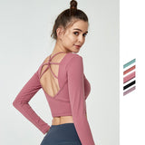 Plain Backless Yoga Sport Long Sleeved Shirts Slim Fit Anti-sweat Fitness Cropped Tops - Minihomy