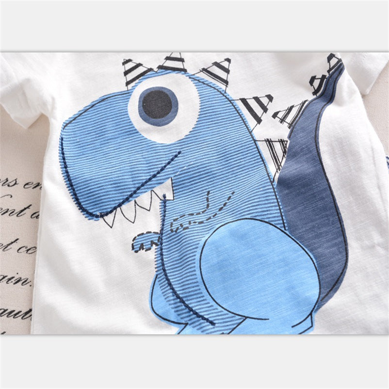 Boy Cartoon Dinosaur Short Sleeve Stripe Shorts Set - Minihomy