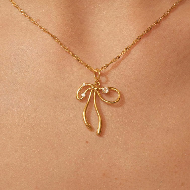 Niche Bone Chain Bow Zircon Sweet Necklace Copper-plated Gold - Minihomy