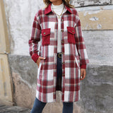 Women's Brushed Plaid Long Winter Coat with Pockets