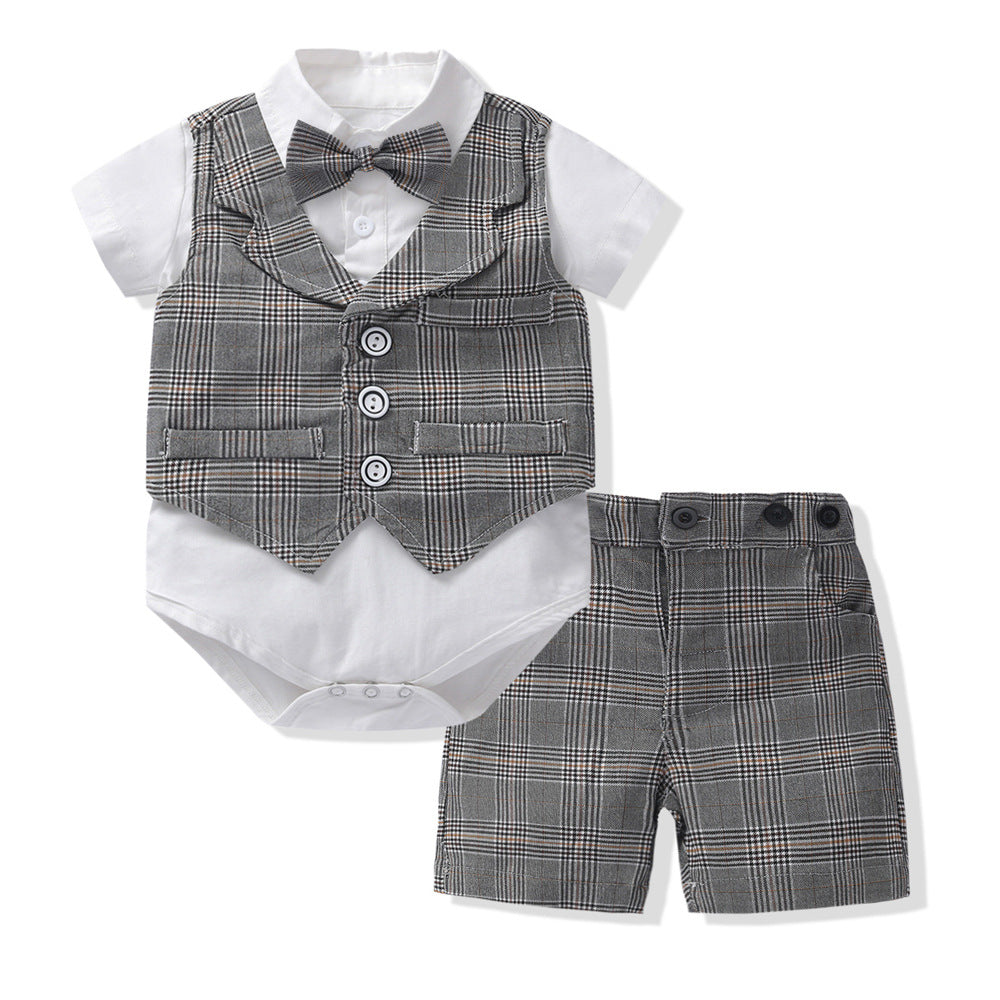 Baby Boy Gentleman Suit Romper Vest Shorts Bow Tie - Minihomy