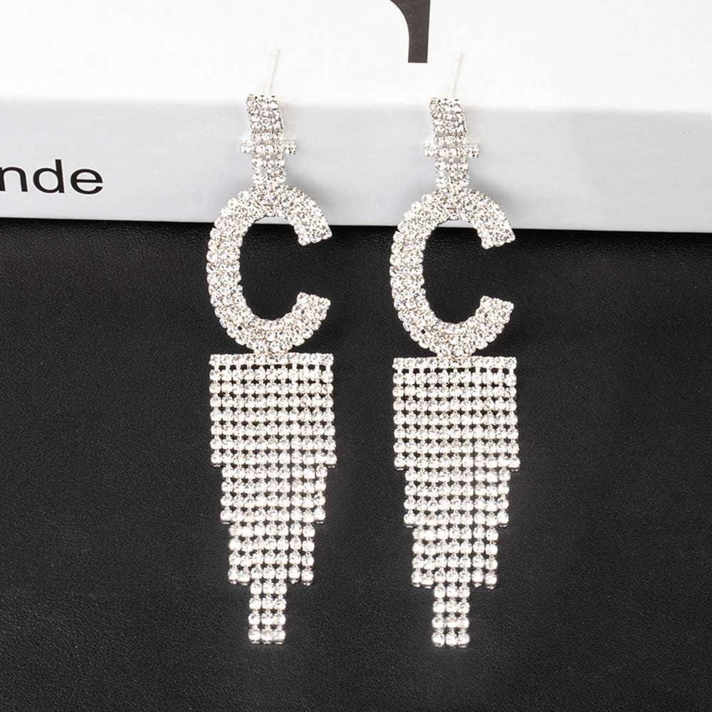 925 Silver Needle Ornaments Rhinestone Letter B Earrings Banquet Tassel Ear - Minihomy