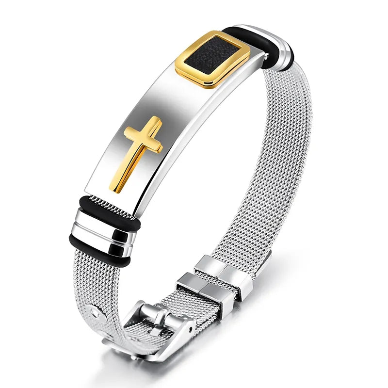 Men's Stainless Steel Cross Bracelet - Adjustable Mesh Chain Bangle - Minihomy